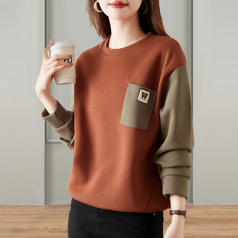 韩版字母印花口袋设计春秋季长袖宽松新款大码卫衣女胖mm百搭上衣