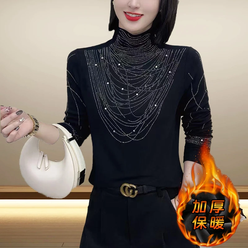 女装直播2024冬季新款韩版烫钻高领内搭打底衫减龄打底衫女内搭