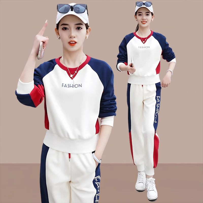 小香风字母刺绣拼接长袖长裤两件套女2025春秋150矮个子精致套装