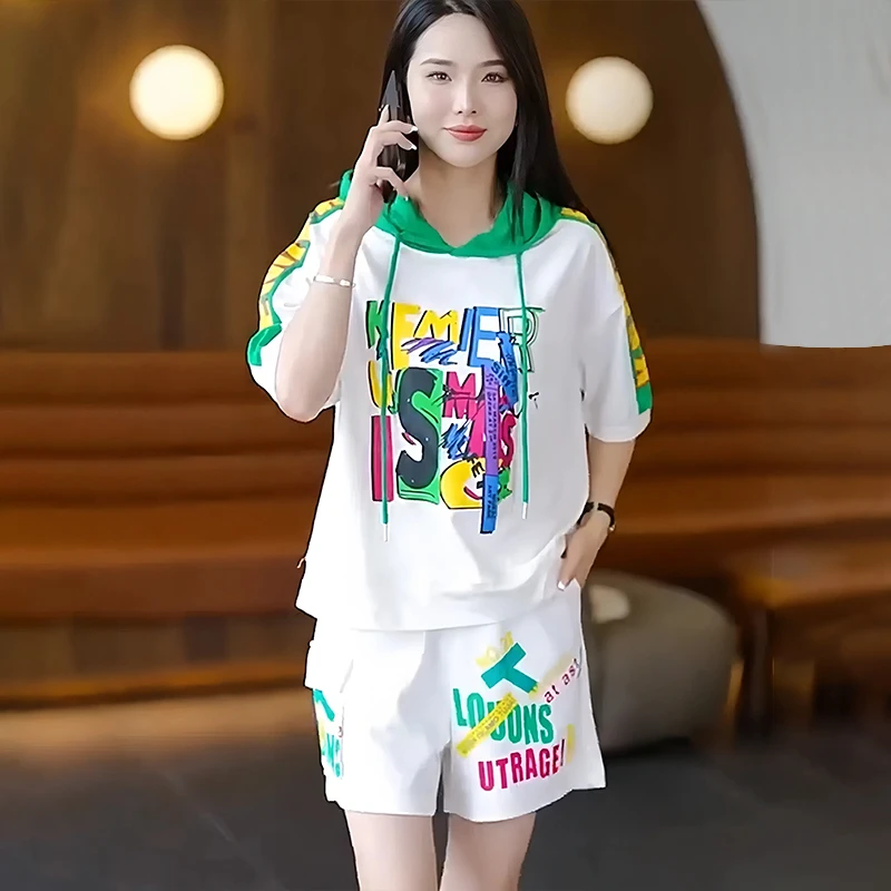 棉休闲套装女款爆款2024新款夏季薄款连帽字母短袖短裤气质两件套