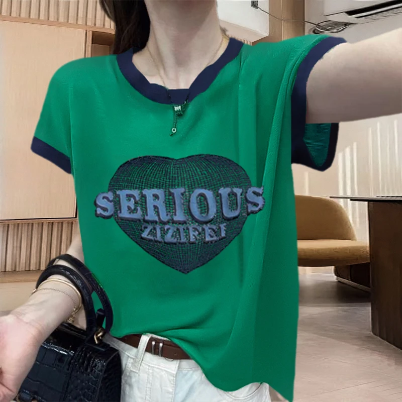 纯棉韩版小众爱心印花圆领短袖t恤女2025夏季新款小众创意上衣服