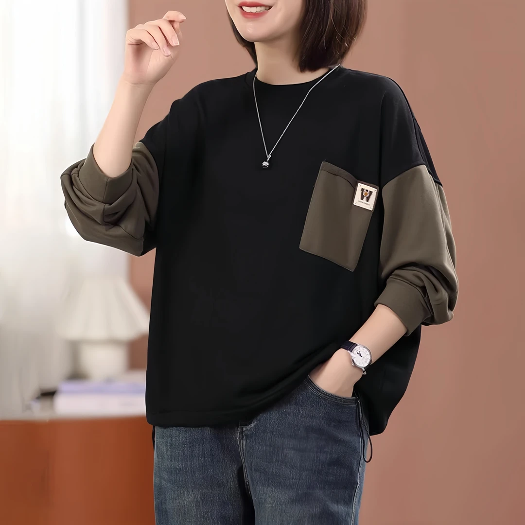 棉韩版宽松休闲假两件撞色拼接卫衣女秋季新款百搭圆领设计感长袖