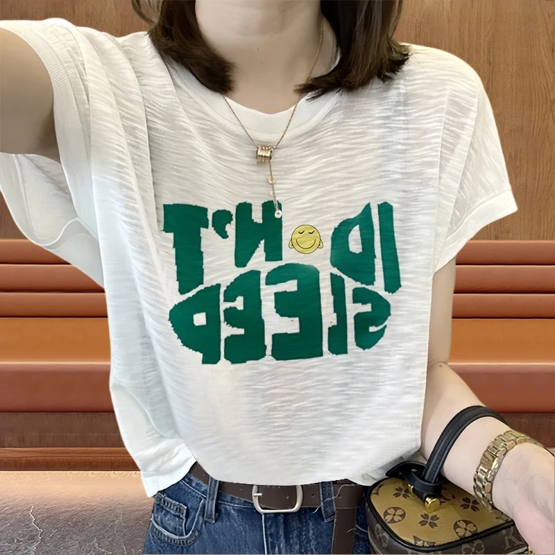 竹节棉小众字母短袖t恤女2025新款爆款夏季洋气休闲百搭胖MM上衣