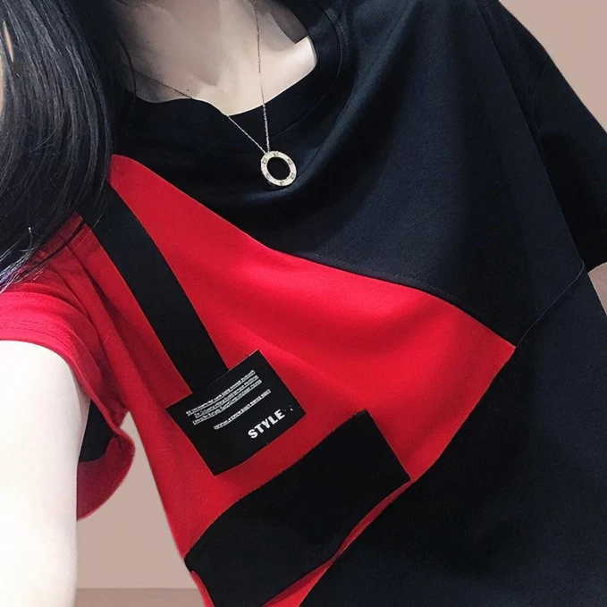 纯棉时尚短袖T恤女2023夏季新款韩版拼接撞色洋气减龄设计感上衣