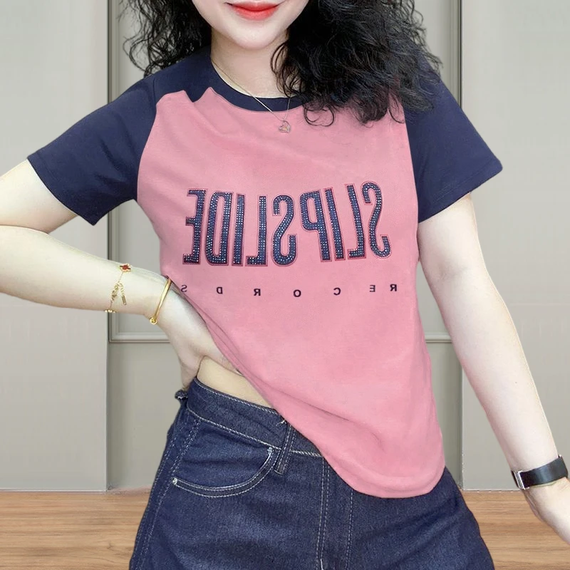 2025春季新款纯棉t恤女正肩短袖百搭简约宽松显瘦插肩袖印花上衣