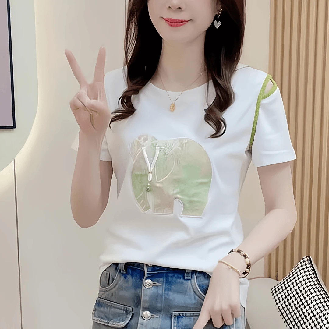 纯棉大象印花撞色短袖t恤女装爆款2025洋气夏季新款时尚百搭上衣