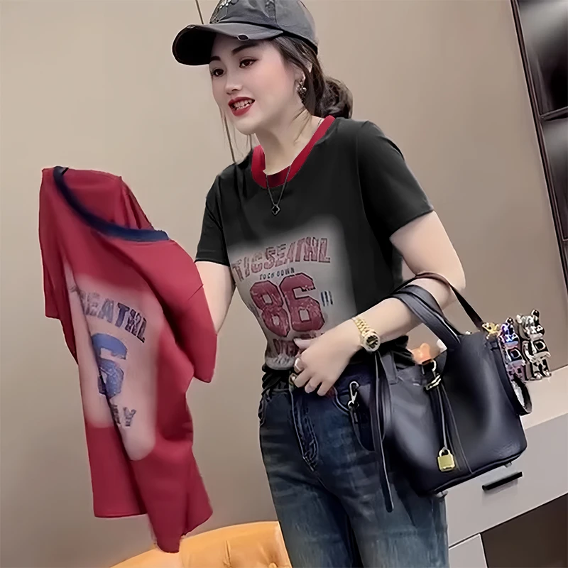 纯棉字母印花拼接短袖t恤品质女2024夏季新款洋气女人味上衣时髦