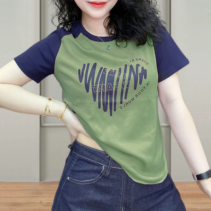 2025初春拼接撞色T恤女春季新款韩版设计感印花爱心时尚圆领短袖