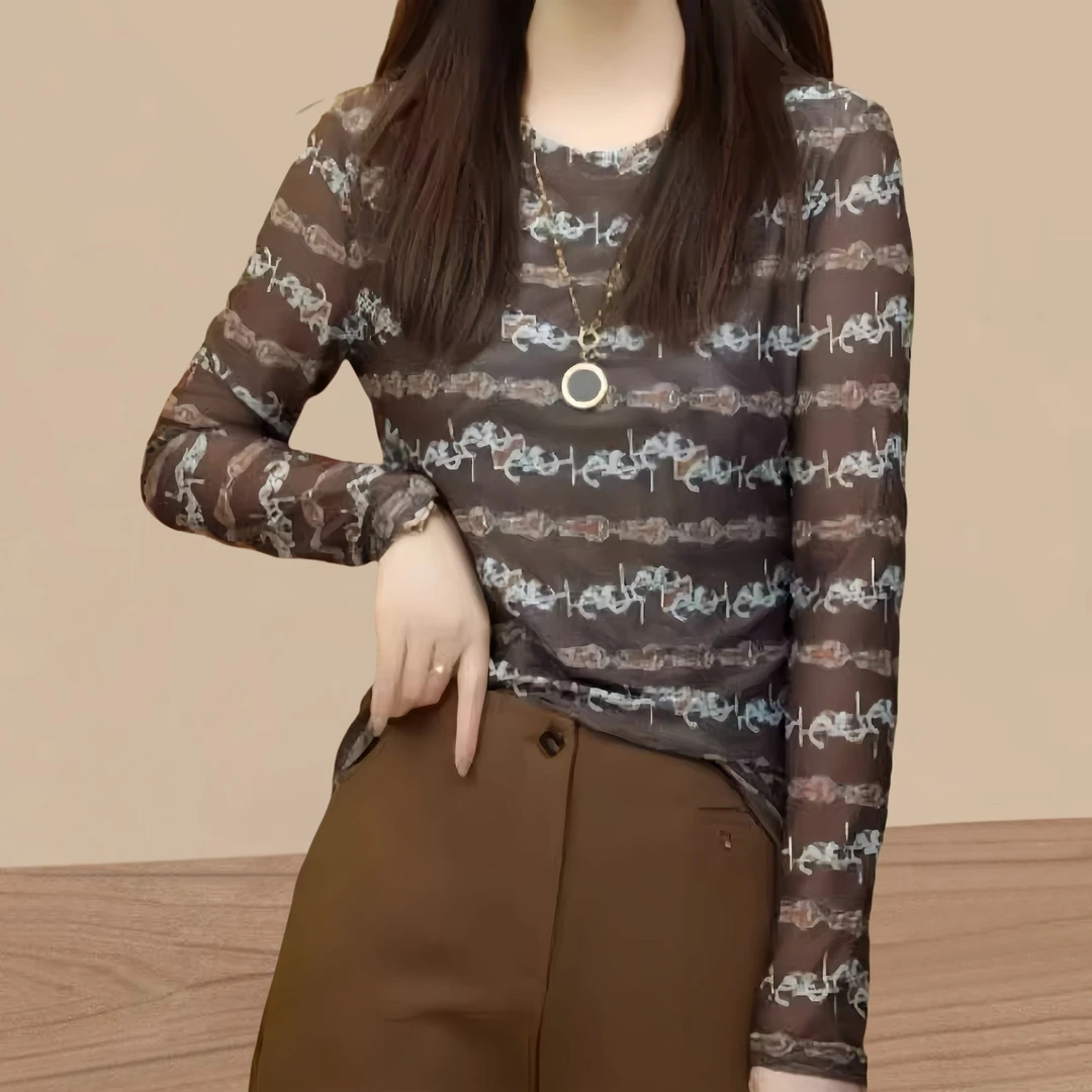 秋季女款打底t恤网纱印花长袖T恤时尚气质打底衫显瘦女款圆领t恤