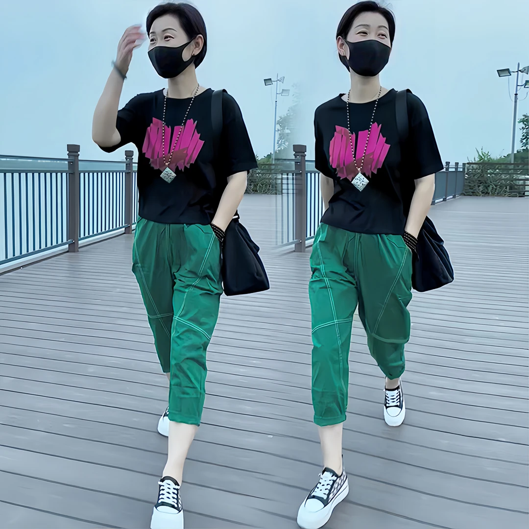 纯棉运动服套装爆款女2024新款夏季网红款休闲百搭短袖长裤两件套