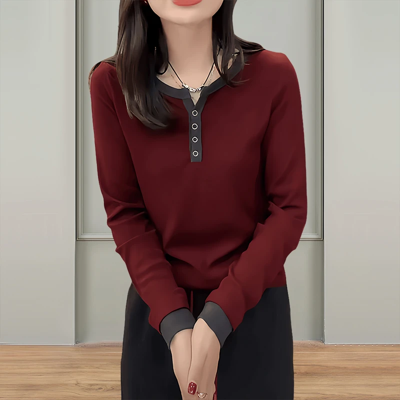 欧美拼接撞色长袖t恤女2024新款爆款韩版高贵上档次假两件上衣服