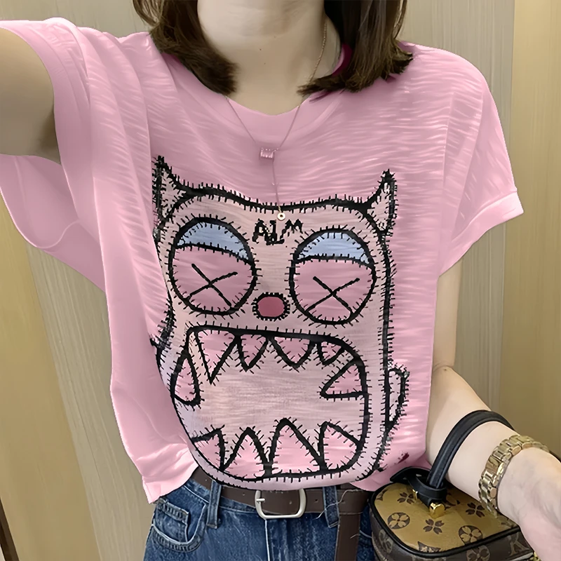 竹节棉韩版卡通印花短袖t恤女2025夏季新款小个子女人味上衣时髦