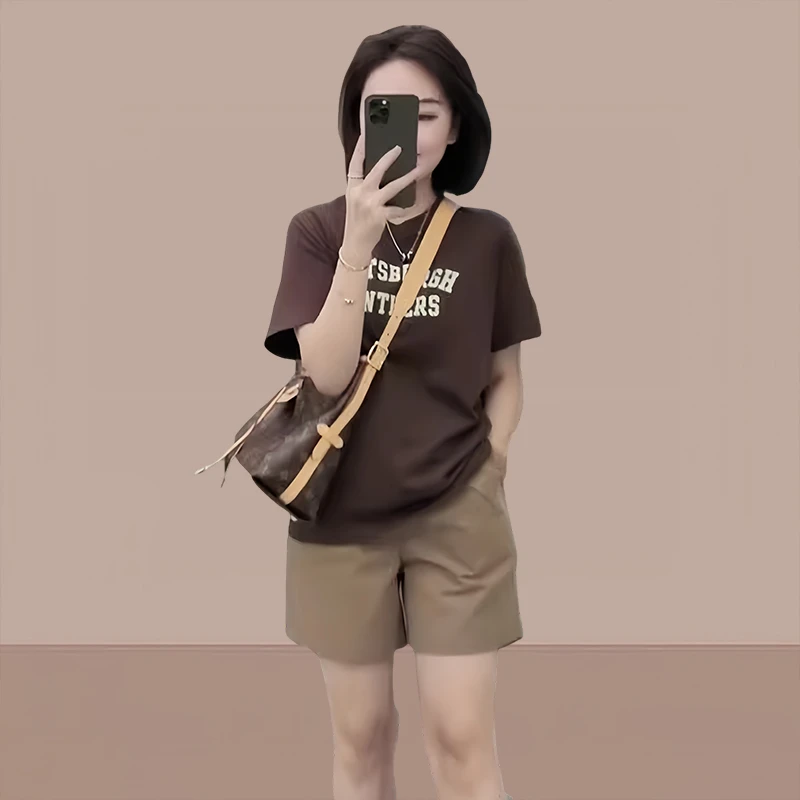 纯棉美式复古运动套装女爆款2024新款休闲百搭字母短袖短裤两件套