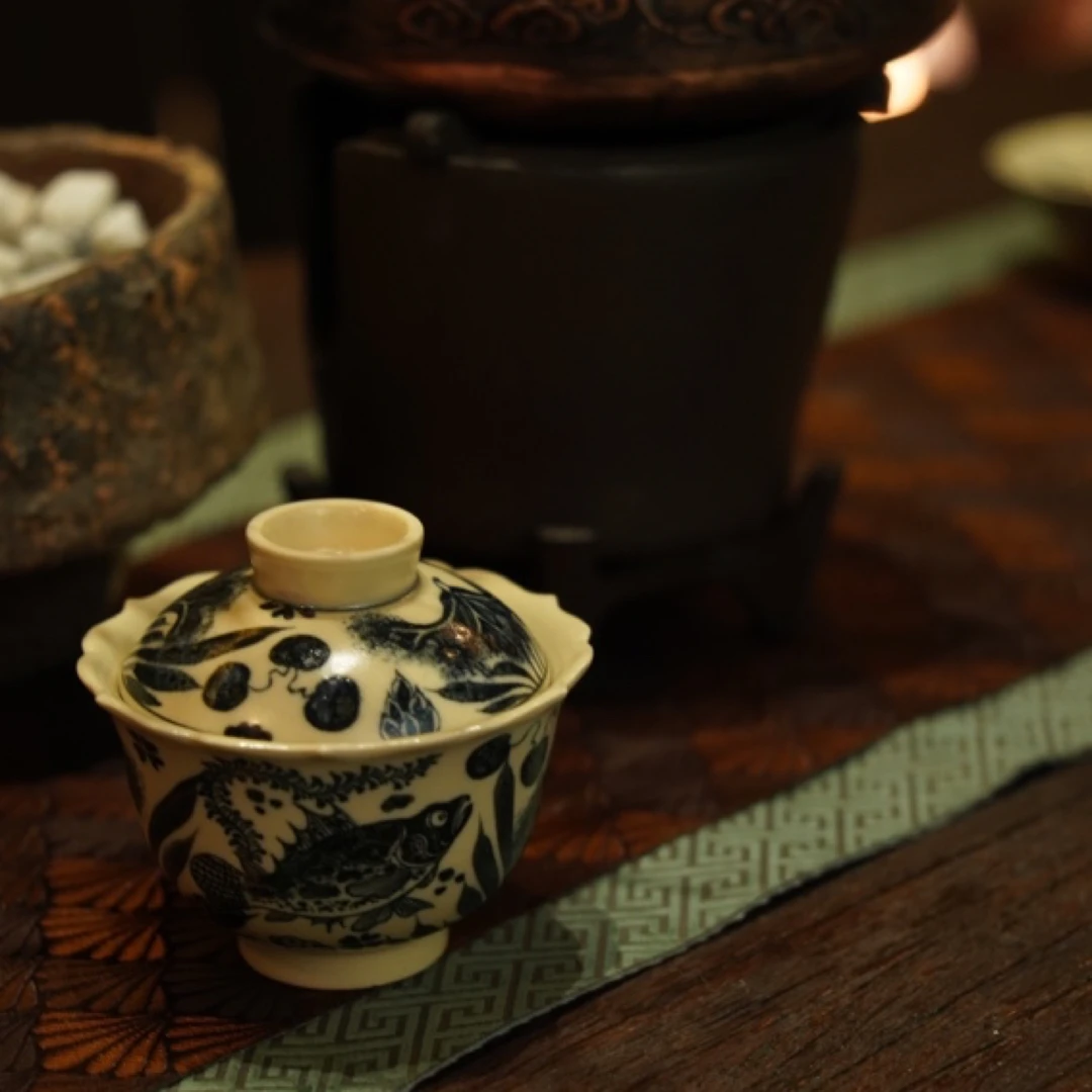 幽蓝溪堂二号釉鱼藻盖碗盖碗茶具