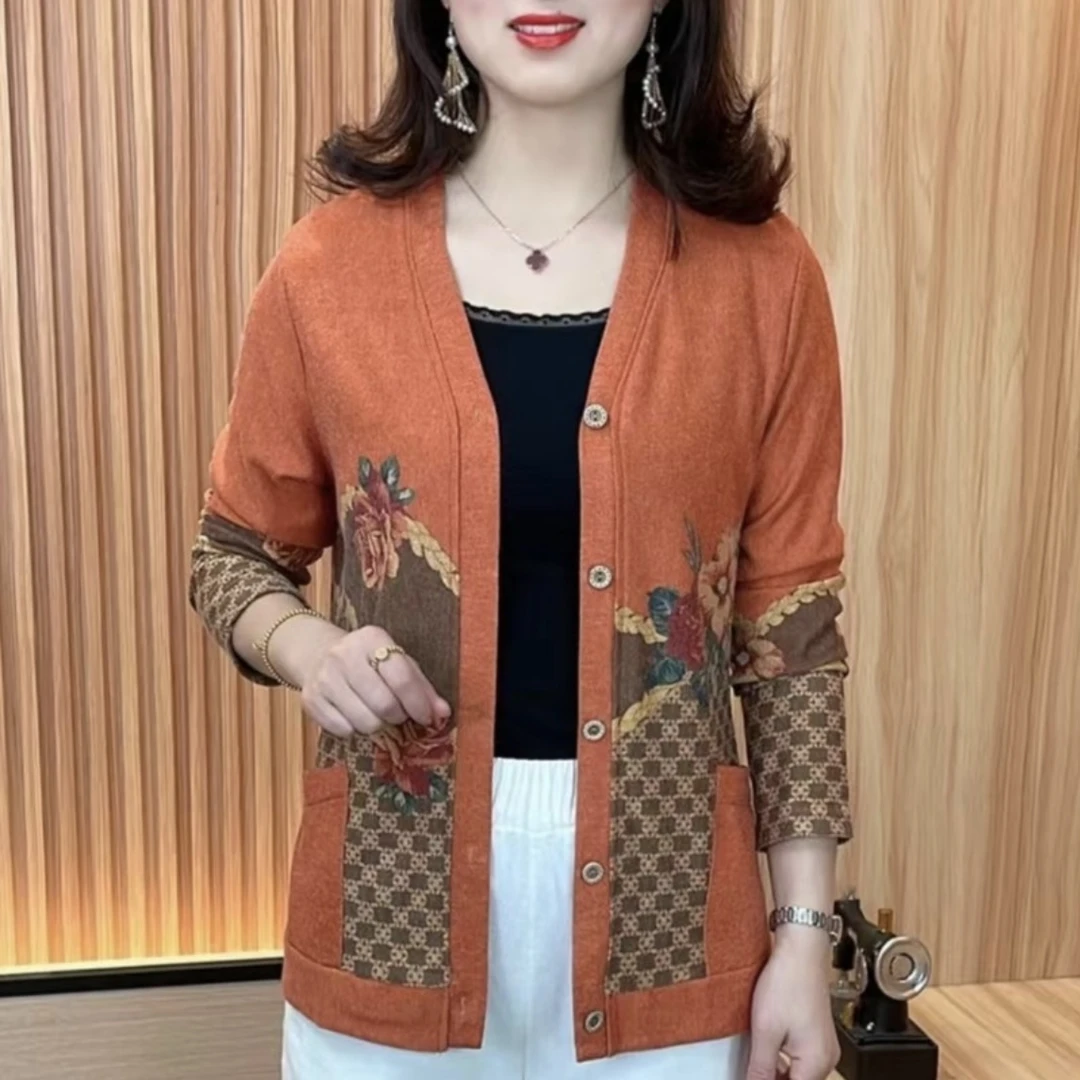 新款时尚百搭洋气妈妈装花色开衫19款长袖休闲春秋外套秋季针织衫
