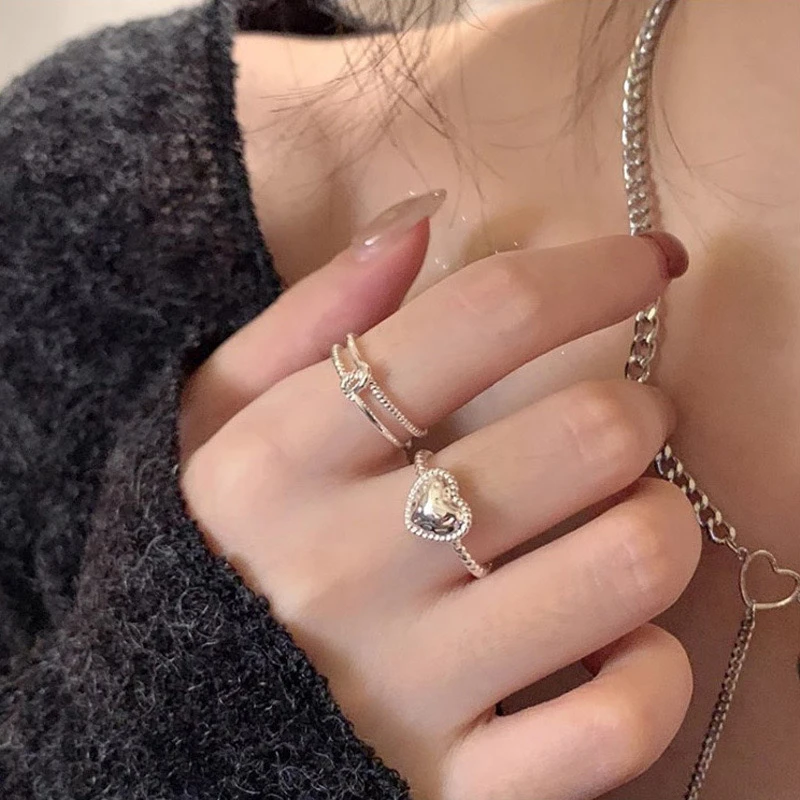 铜合金戒指 爱心叠戴开口戒指女小众设计食指戒时尚轻奢高级指环