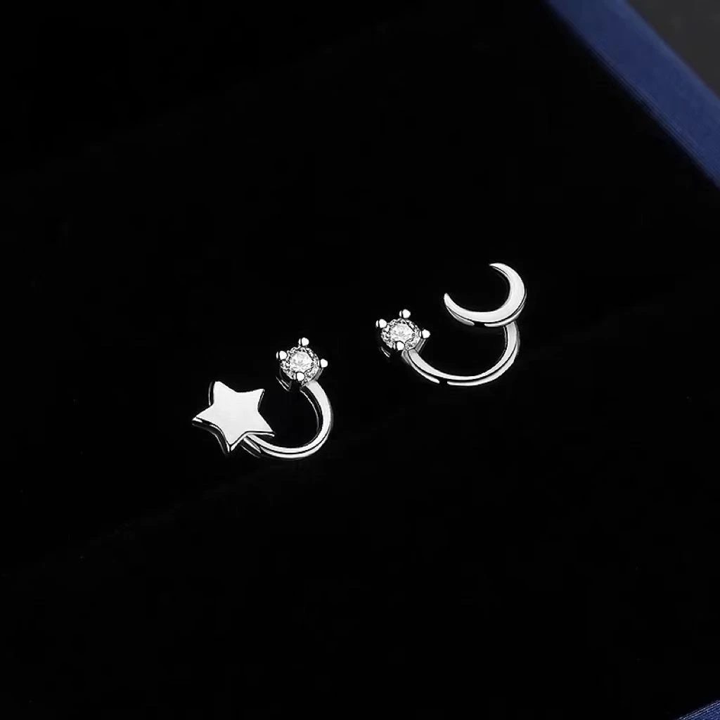 合金耳饰 S925银针星星月亮不对称耳钉女精致气质小众高级感耳饰