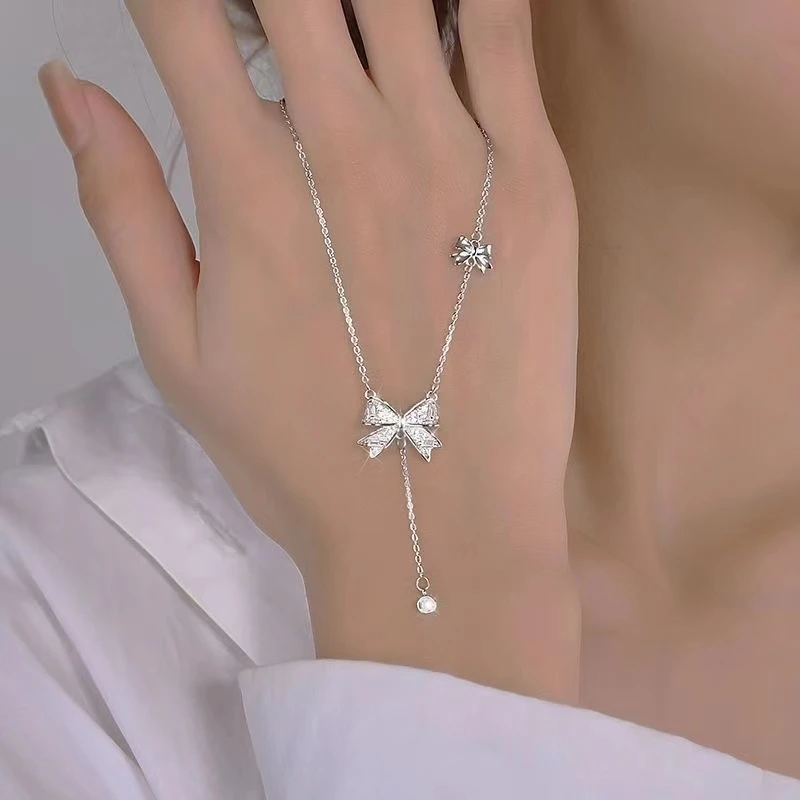 钛钢合成锆石项链 蝴蝶结流苏项链女ins小众设计轻奢风温柔仙气闪