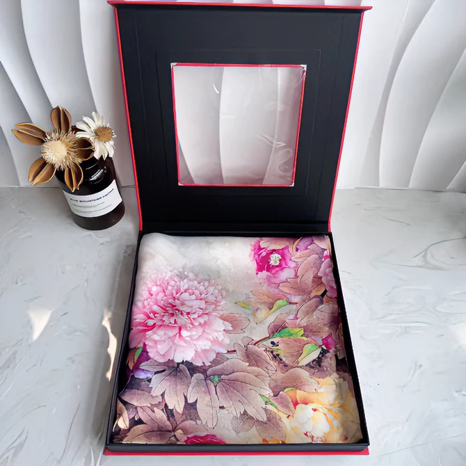 桑蚕丝丝巾女春秋薄款时尚牡丹花开送奶奶妈妈礼物礼盒包装母亲节