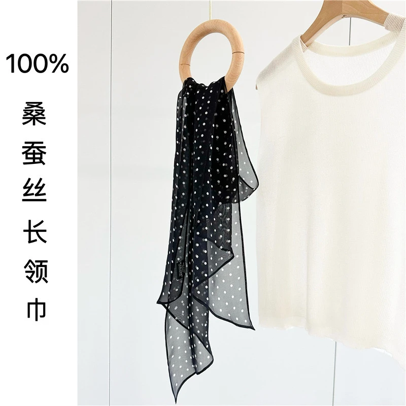 丝巾夏天法式赫本风桑蚕丝度假纱巾复古波点斜角丝巾女洋气百搭