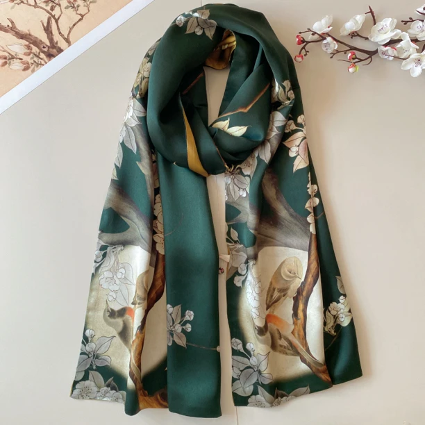 喜上眉梢高档盘扣双层双面桑蚕丝丝巾旗袍披肩百搭长款母亲节礼物