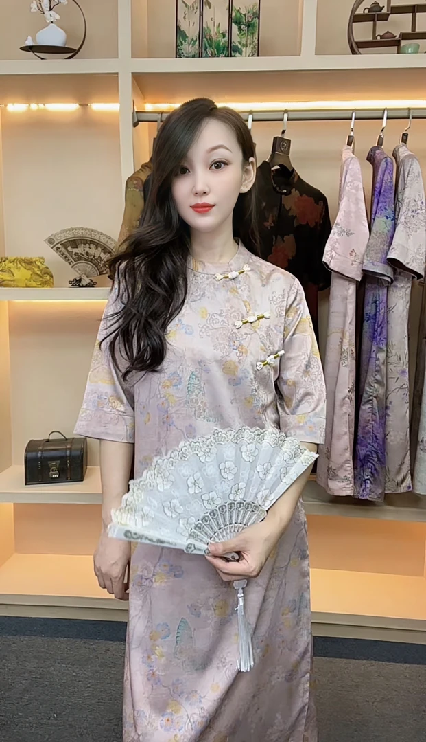 （金枝）新中式新款提花花罗复古宽松连衣裙8818Z