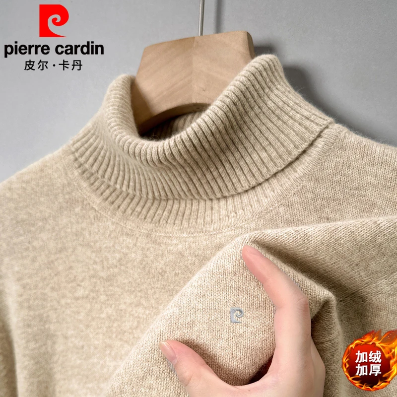 皮尔卡丹冬季高档羊绒衫男士加绒加厚休闲毛衣纯色高领保暖羊毛衫