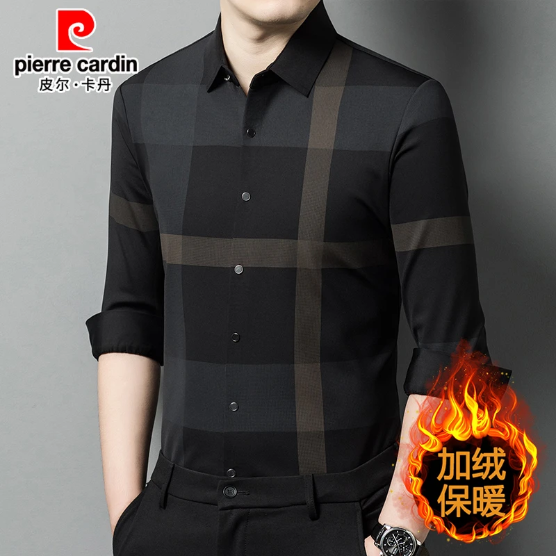 皮尔卡丹长袖衬衫男加绒加厚秋冬季男士保暖弹力无痕格子高档衬衣
