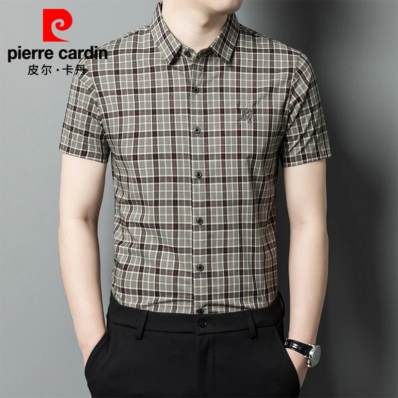 皮尔卡丹男装衬衫短袖格子时尚休闲夏季薄款中年男士高档免烫衬衣