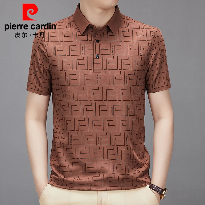 皮尔卡丹高档无痕印花半袖上衣男士休闲百搭夏季薄款翻领潮流上衣