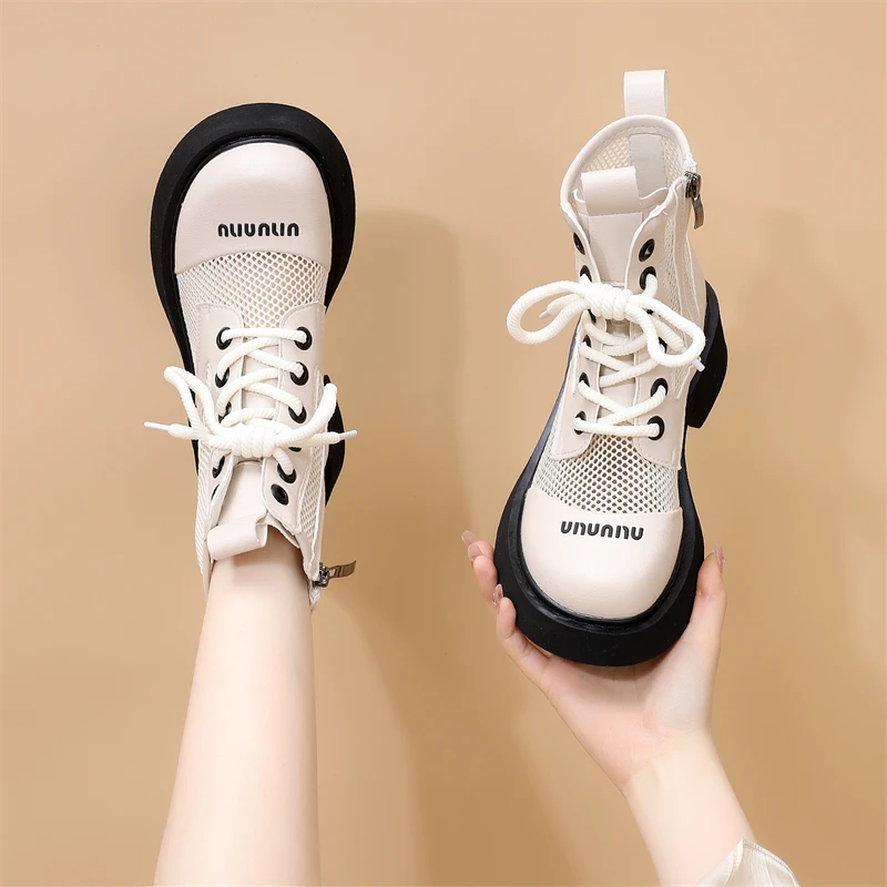 真皮爆款网纱马丁靴女2024新款夏季薄款透气镂空网靴休闲厚底凉鞋