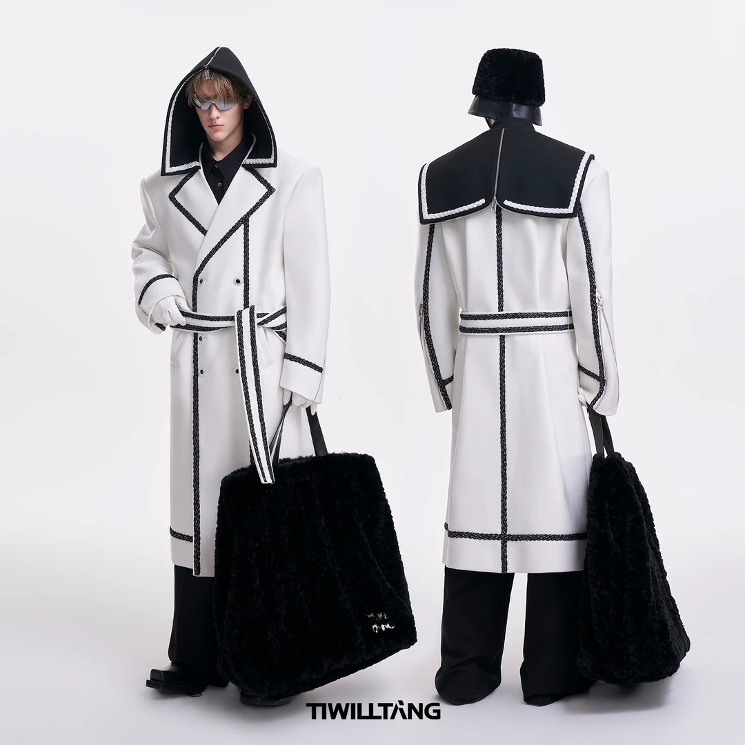 TIWILLTANG启世录“舷舢秩海”明星同款海军领拉链大衣冬毛呢外套