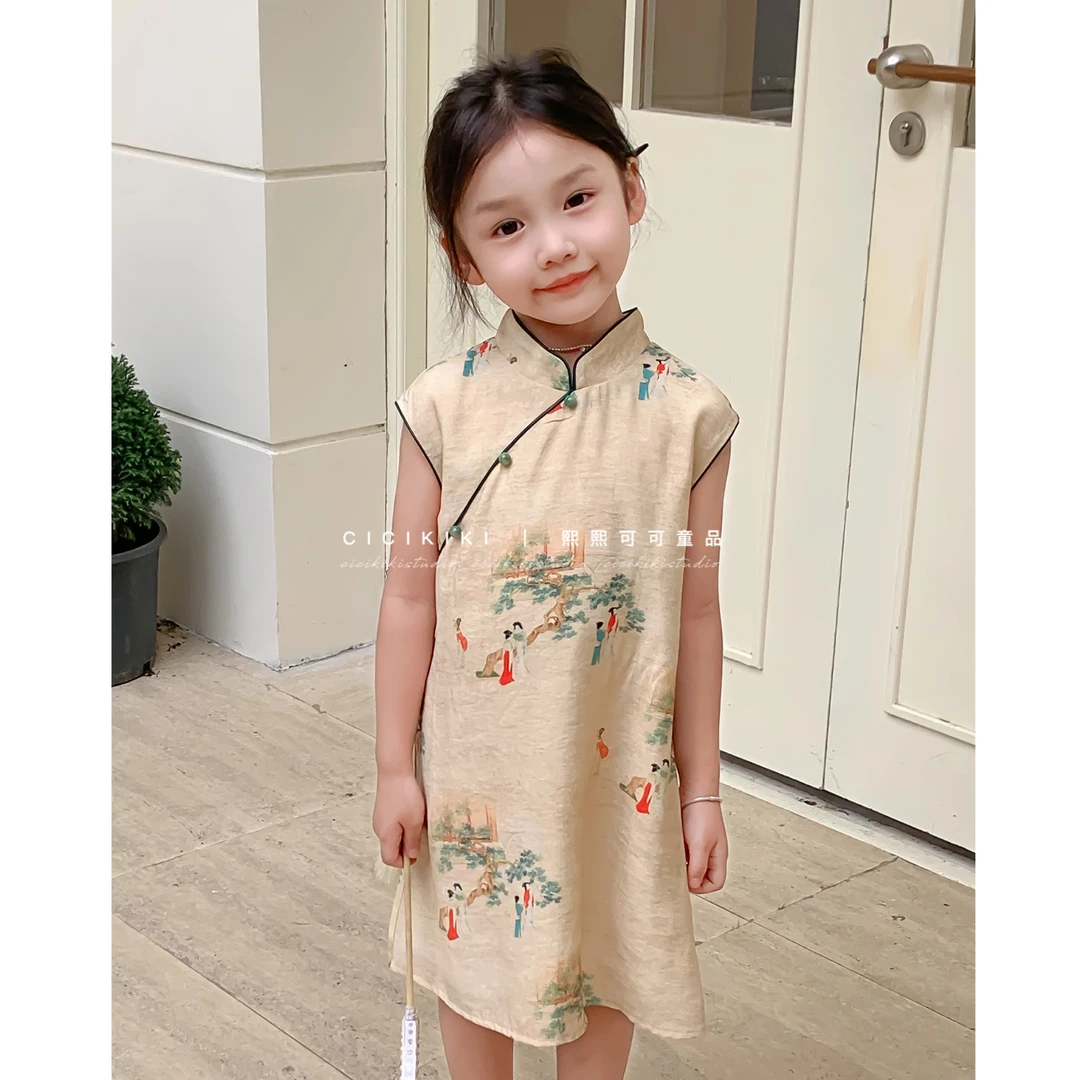 现货【花样年华】女童夏季中国风仕女图连衣裙旗袍熙熙可可QP2318