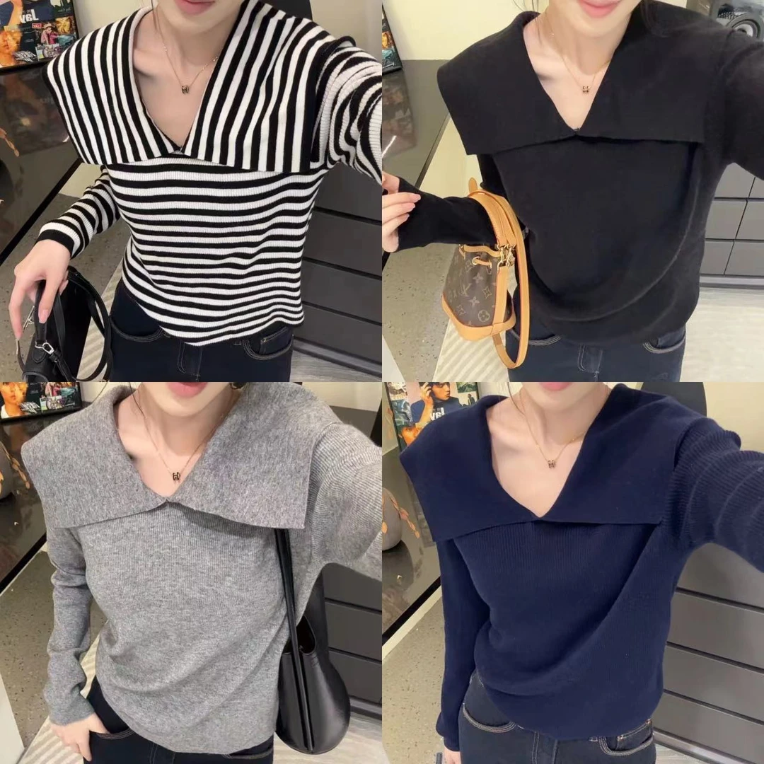 Nalian/拿恋-3856  秋季时尚显瘦百搭高级感翻领长袖针织上衣