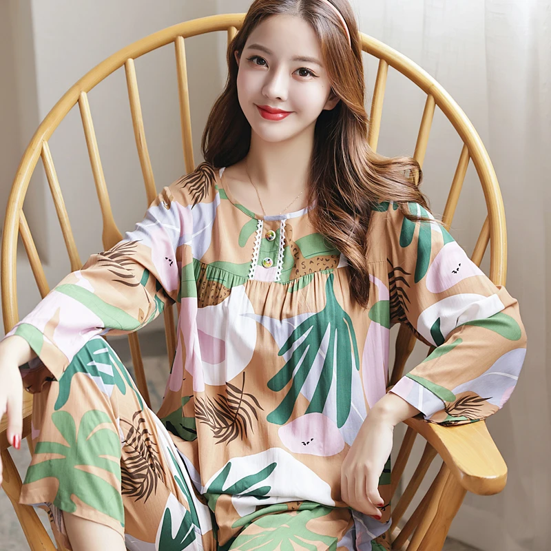 韩版春夏天薄款棉绸人造棉加大码女士长袖长裤清新甜美睡衣女套装