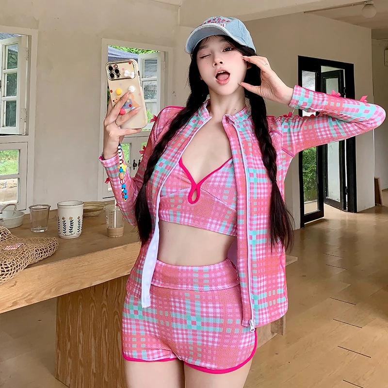 【热巴格】新款温泉复古格子分体显瘦长袖保守聚拢遮副乳泳衣女度假