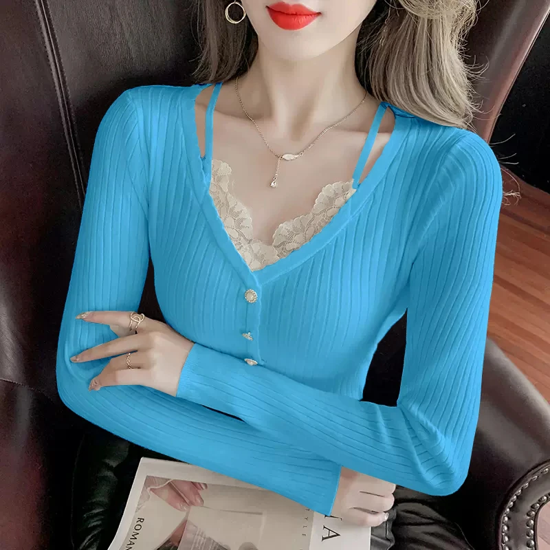 纯欲风2025春秋新款蕾丝花边假两件针织打底衫女内搭小众别致上衣