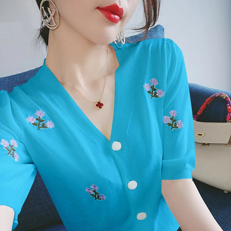 冰丝绣花针织开衫女2025夏季新款宽松大码薄款打底衫韩版短袖上衣