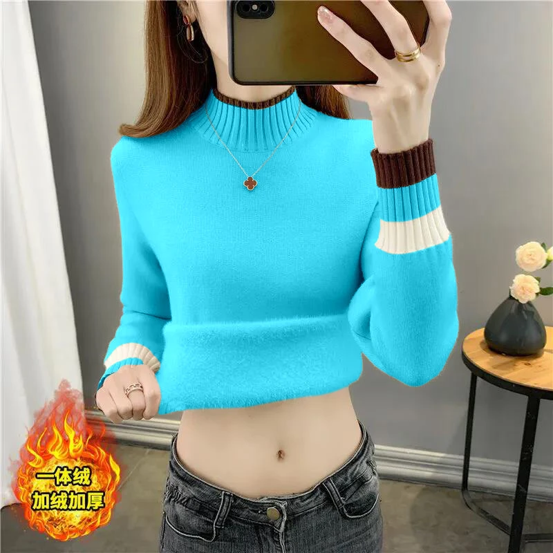 一体绒毛衣女2025春秋加绒加厚保暖半高领针织毛衣女短款打底上衣