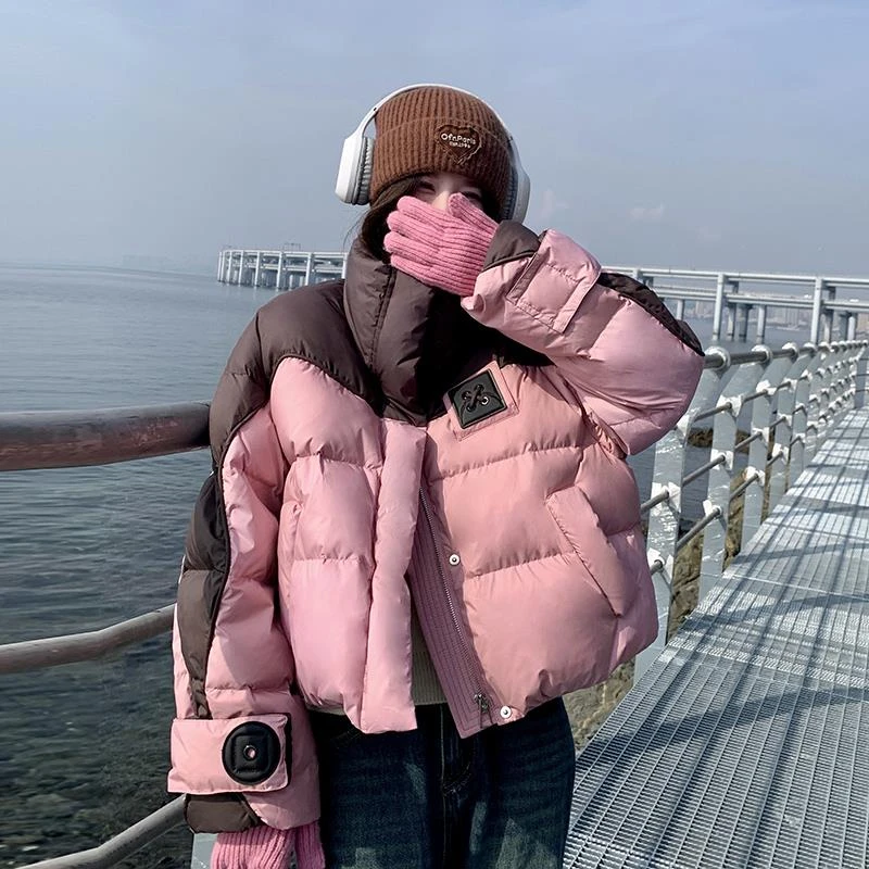 甜酷撞色短款羽绒服女冬季2023新款美式面包服蓬松90白鸭绒厚外套