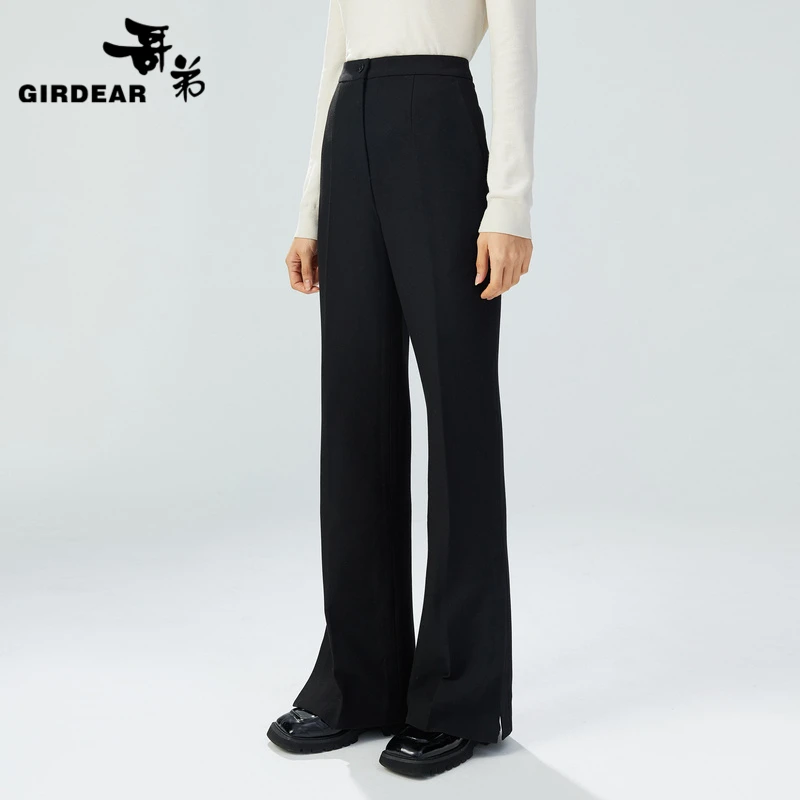 GIRDEAR/哥弟  气质侧开衩微喇裤高腰直筒显瘦纯色长裤1100234
