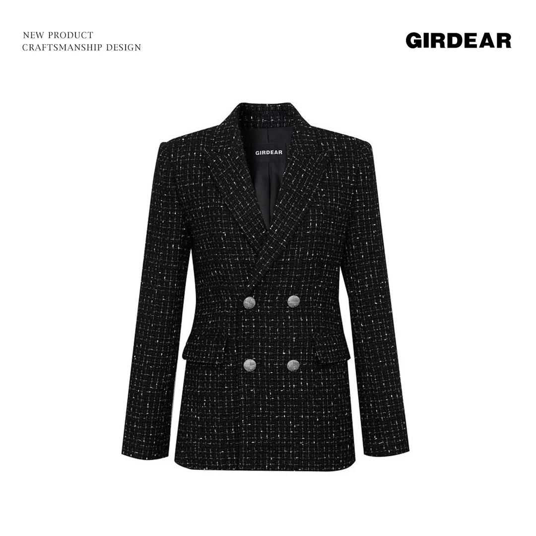 GIRDEAR/哥弟秋冬气质复古小香风粗花呢双排扣西装外套1400616
