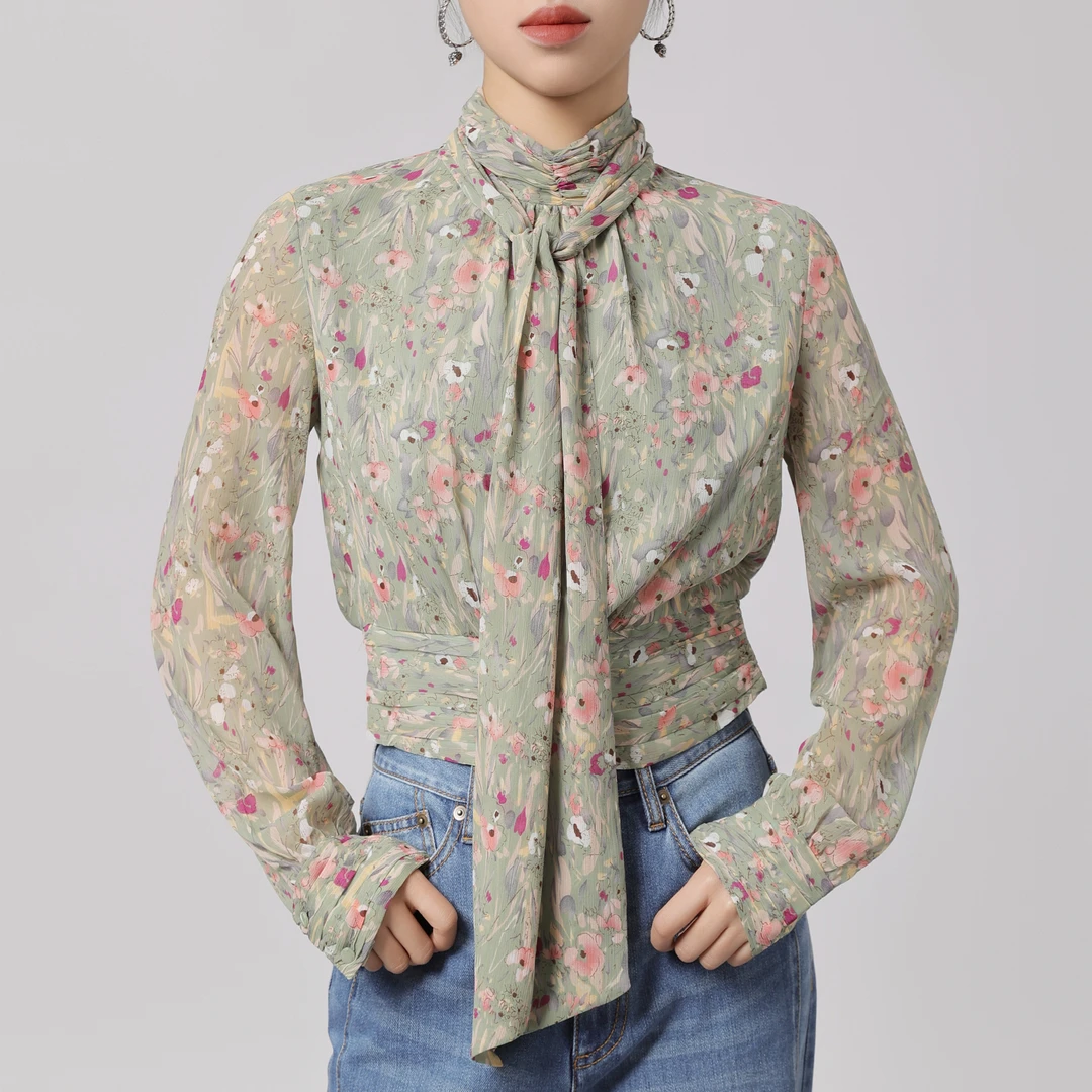 GIRDEAR/哥弟 法式气质复古绿野仙踪碎花飘带衬衫（附飘带）1300934