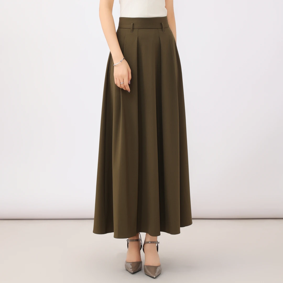 GIRDEAR/哥弟新中式百搭高腰复古中长伞裙百褶显瘦半身裙1200366