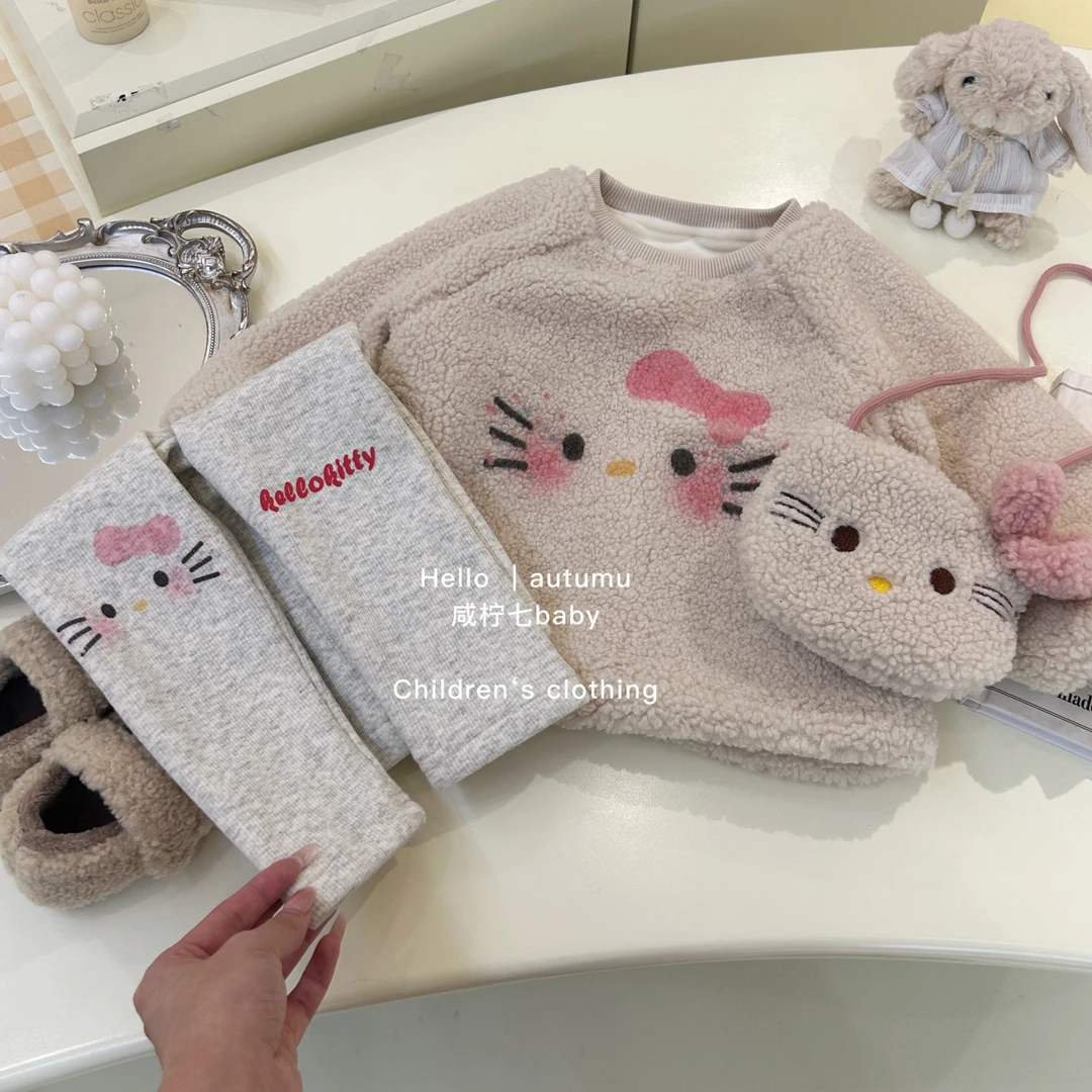 【单】女童卫衣秋冬款新款儿童kt猫印花加厚保暖羊羔毛上衣+打底裤