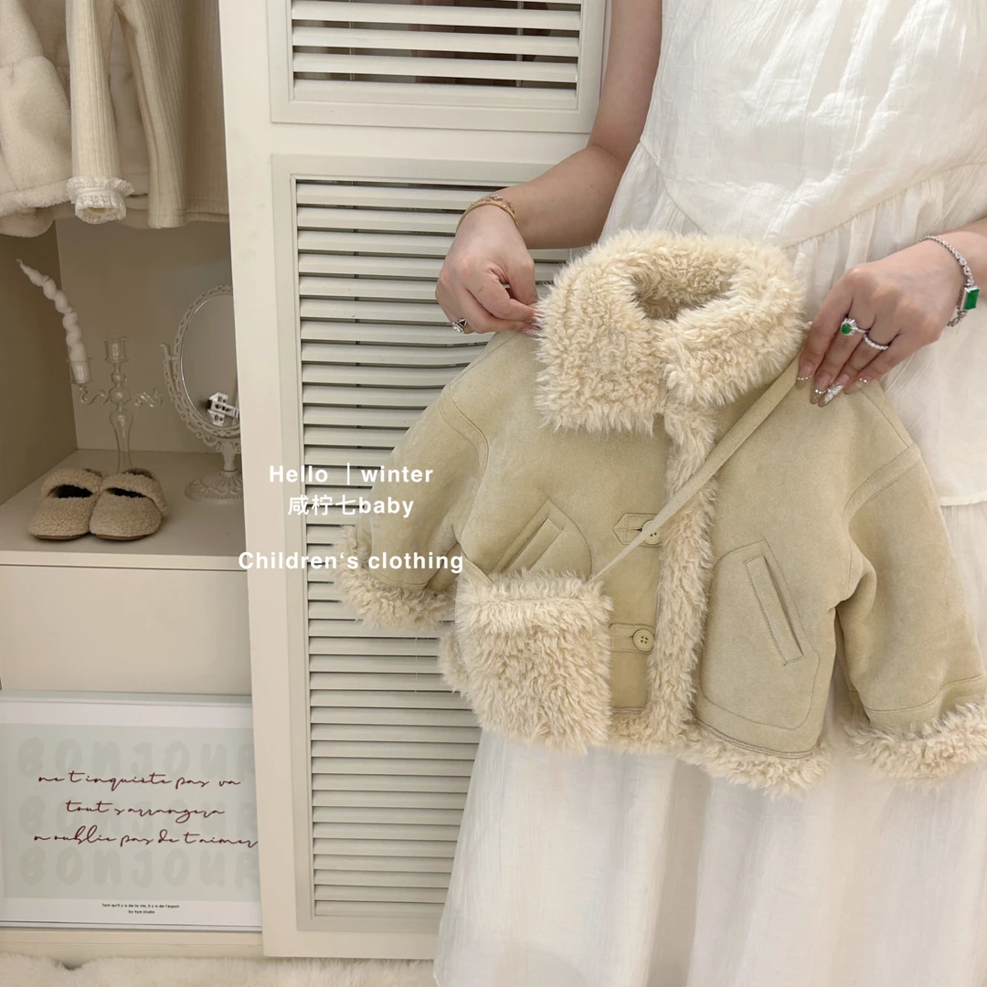女童加厚皮毛一体外套儿童秋冬装加绒上衣2024新款女宝冬季