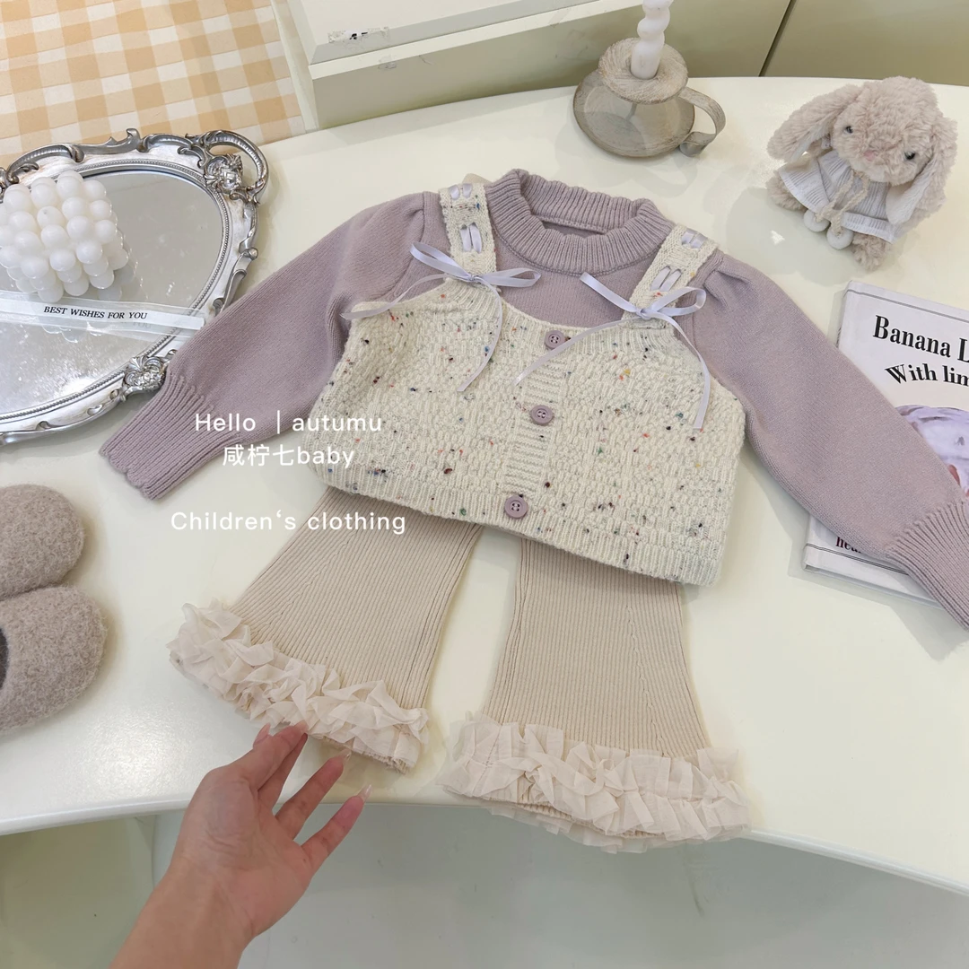 女童秋冬套装2024新款女宝宝洋气网红假两件毛衣喇叭裤两件套