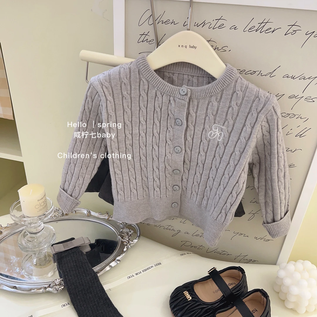 【现2】【单】【格雷系女孩】春季新款灰色麻花百搭刺绣针织毛衣开衫