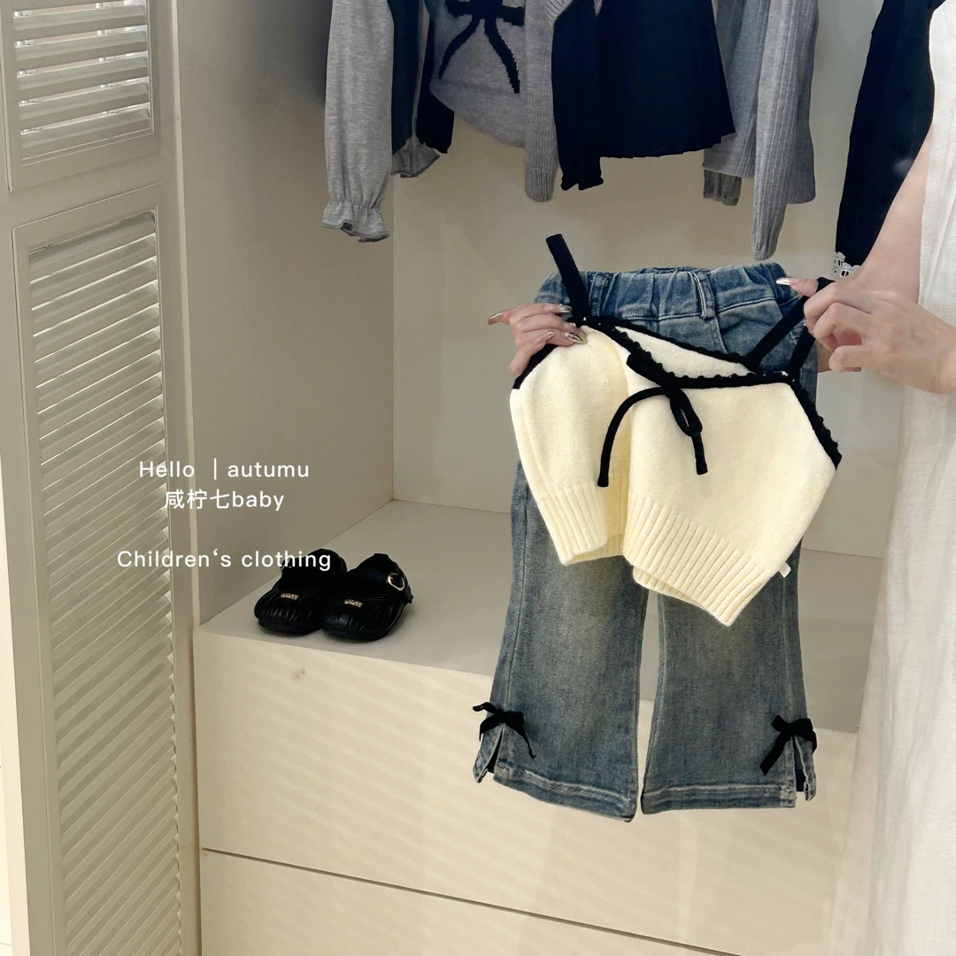【现】韩系童装2024秋装套装女宝宝小香风吊带马甲儿童牛仔裤潮