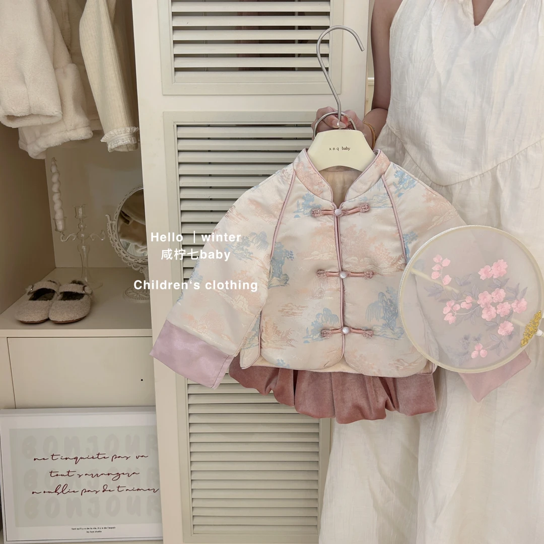 咸柠七周岁女宝礼服套装新中式外套秋冬衣服甜美公主加绒两件套